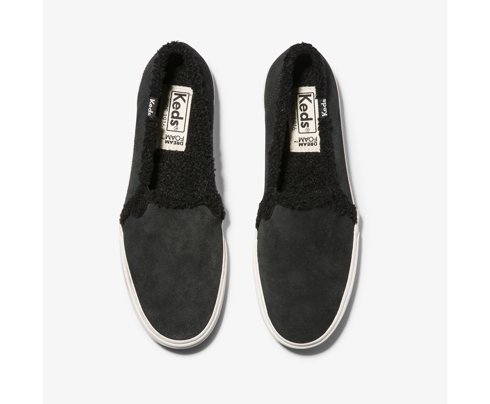 Slip Ons Keds Mujer Negros - Double Decker Suede Faux Shearling - 3246-VZFEH